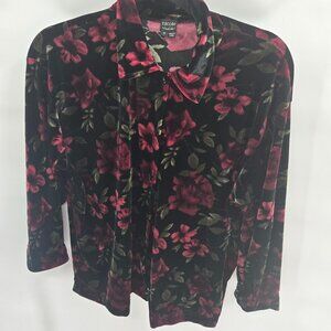 Nicole By Nicole Miller Black Red Velvet Floral Button Down Blouse Size 8